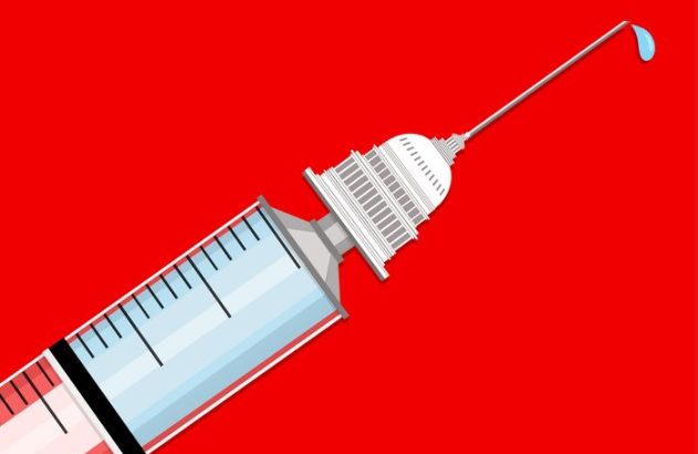 Seringa com cúpula do Capitólio no lugar do encaixe da agulha, mostrando uma gota azul na ponta. Fundo vermelho.