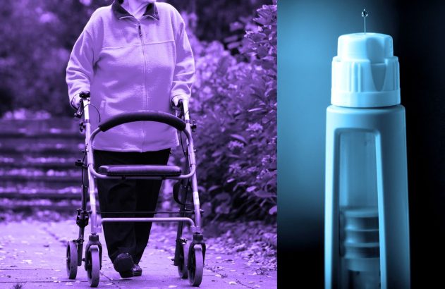 Pessoa caminhando com andador ao ar livre; à direita, caneta injetora de insulina com agulha e gota.