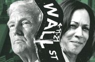 Donald Trump e Kamala Harris divididos por placa quebrada de Wall Street.