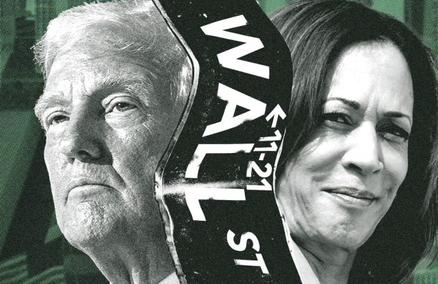 Donald Trump e Kamala Harris divididos por placa quebrada de Wall Street.