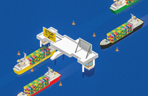 Navios de contêineres coloridos passando sob uma estrutura em um canal.