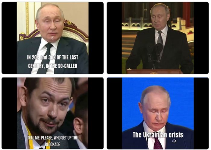 Quatro painéis: Vladimir Putin em 3, um homem em 1, com legendas sobre história e a crise da Ucrânia.