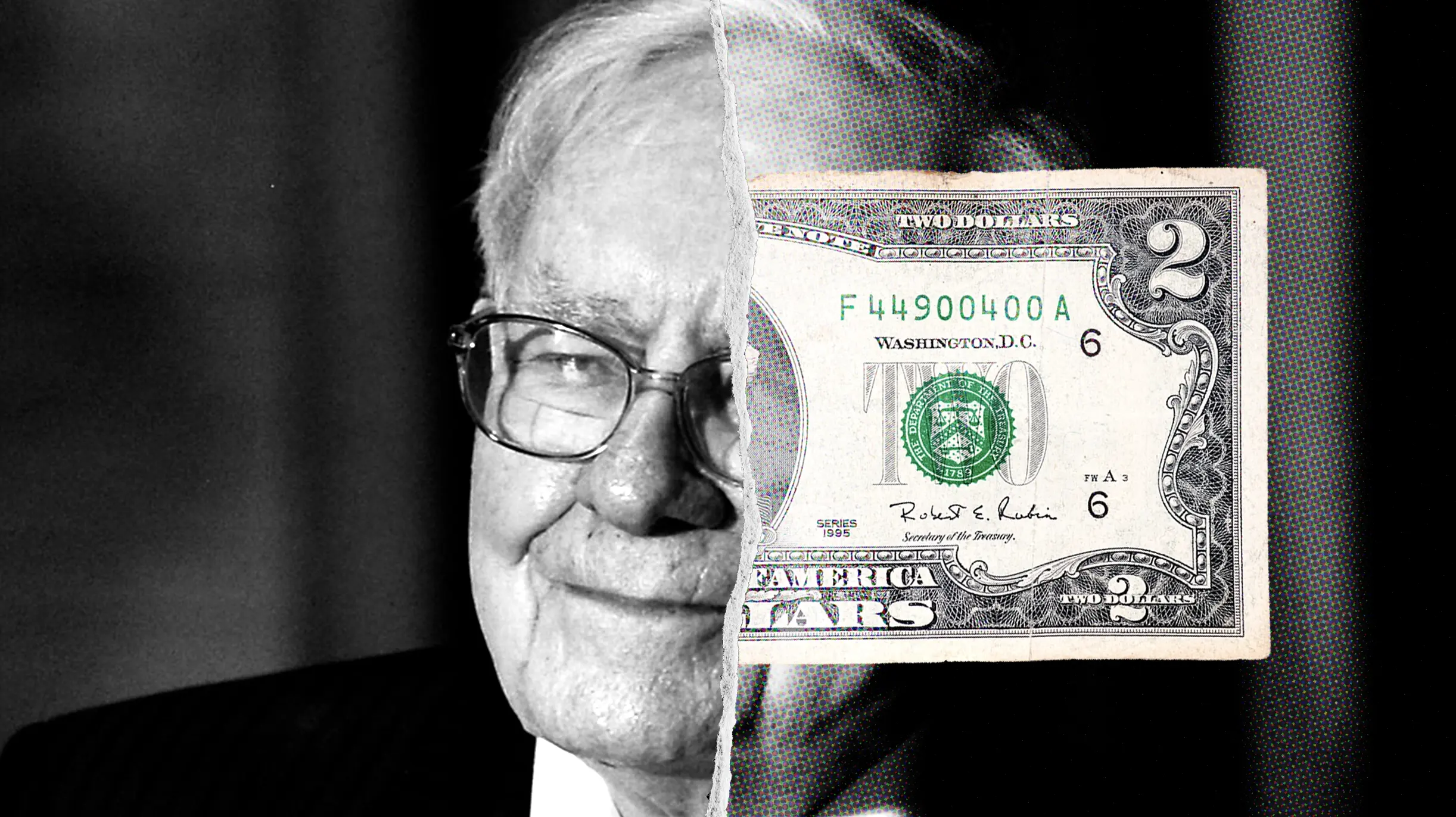 Imagem de Warren Buffet e de uma cédula em dólar