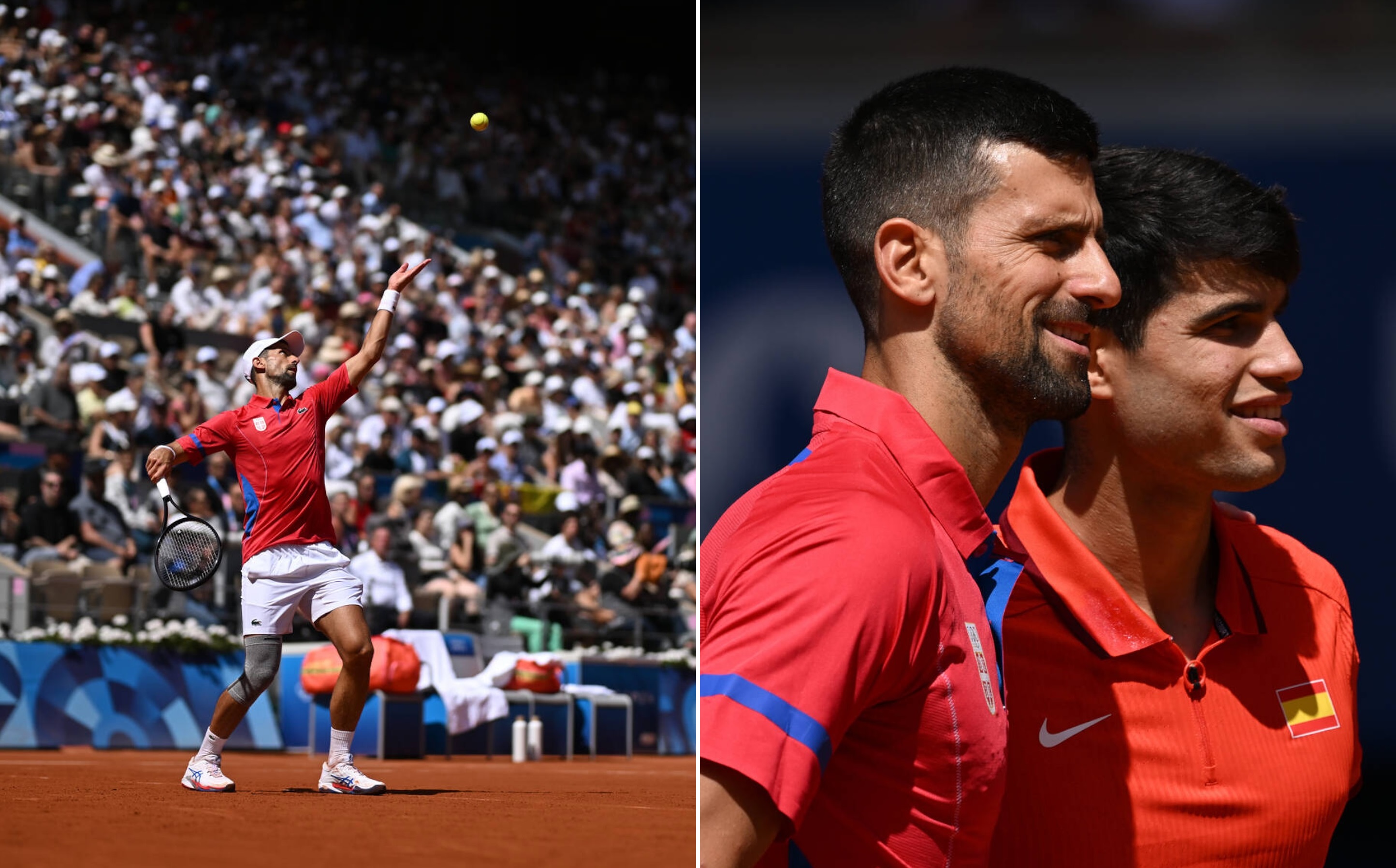 Novak Djokovic em quadra de saibro, servindo, e ao lado de Carlos Alcaraz, ambos com camisas vermelhas, sorrindo.