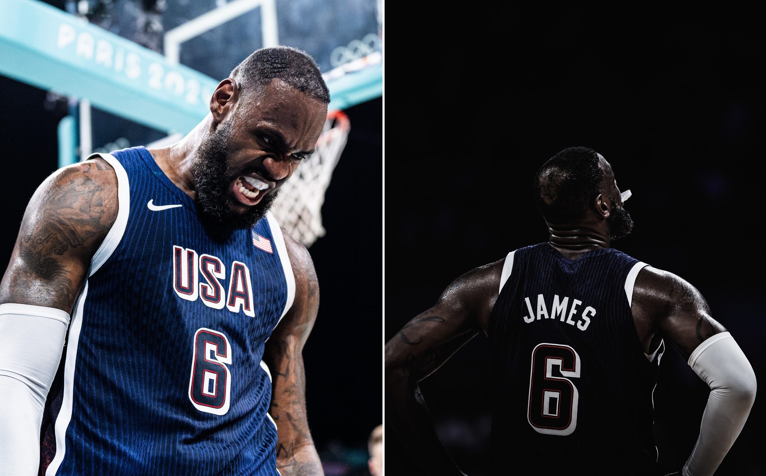 LeBron James com camisa dos EUA nº 6. À esq., rosto intenso; à dir., costas. Em jogo olímpico "Paris 2024".