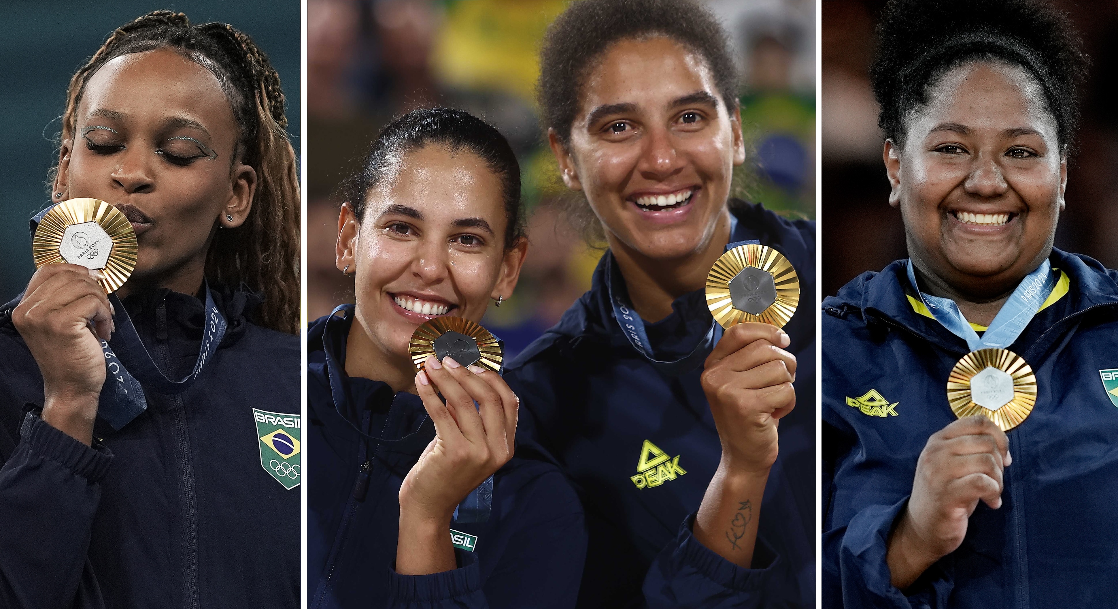 Três atletas brasileiras sorrindo, exibindo medalhas de ouro de Paris 2024.