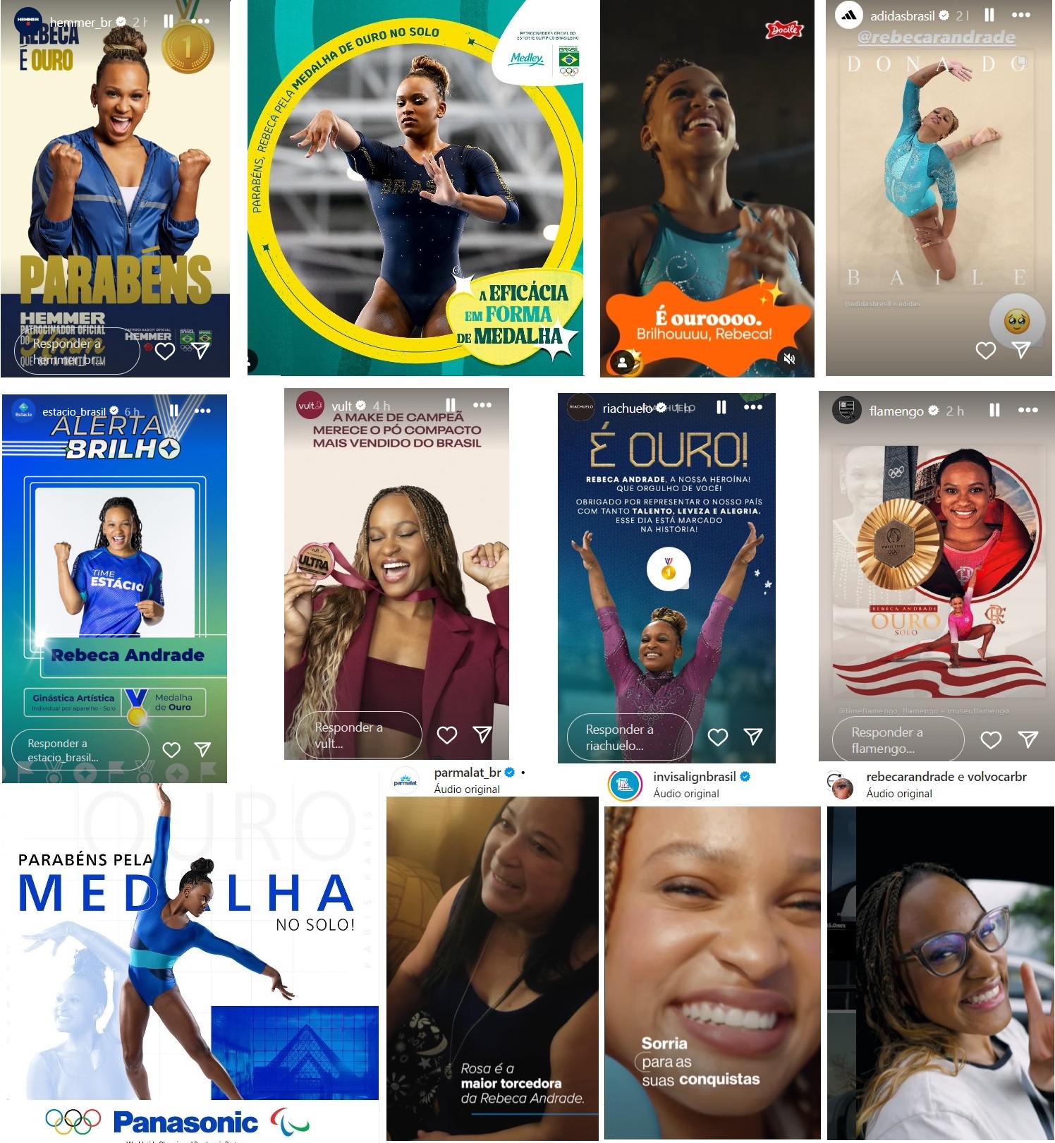 Montagem de posts celebrando a medalha de ouro de Rebeca Andrade, ginasta brasileira.