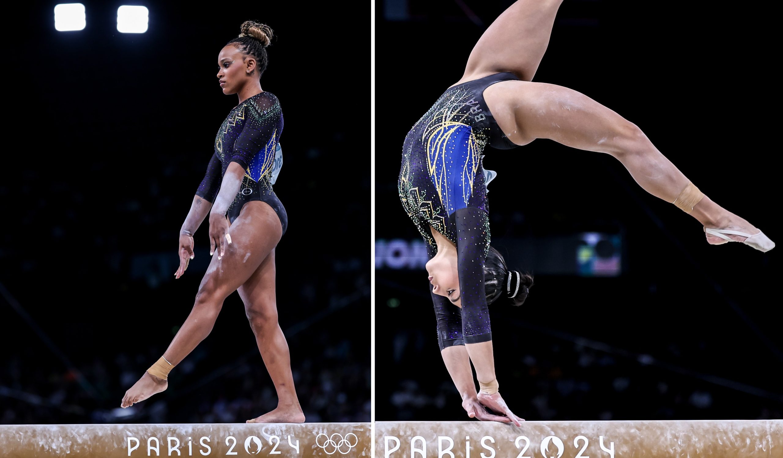 Duas ginastas na trave de equilíbrio: uma em pé, outra em parada de mãos. Jogos Paris 2024.
