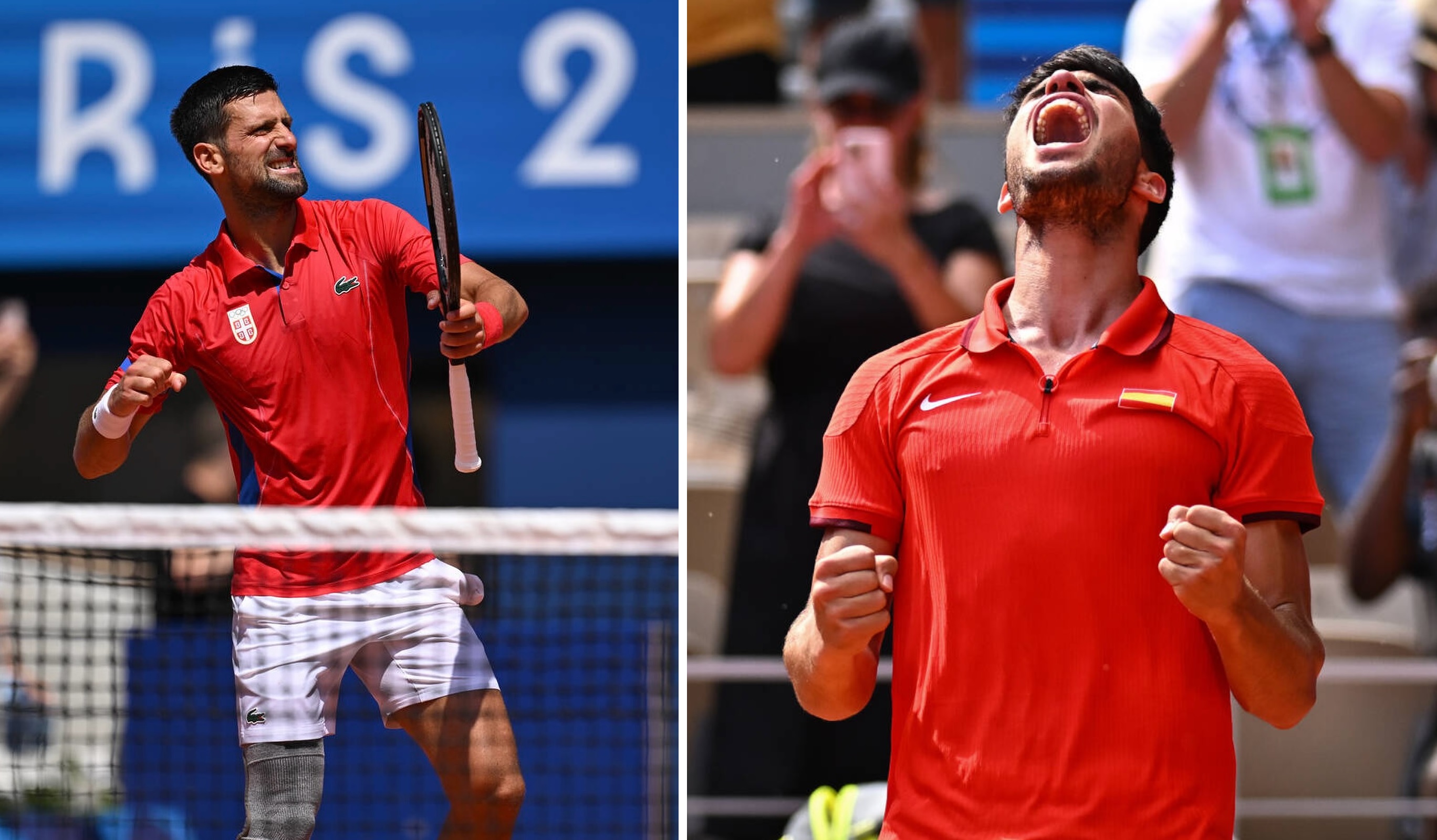 Novak Djokovic e Carlos Alcaraz de vermelho, celebrando intensamente em quadra de saibro, punhos cerrados.