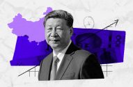 Xi Jinping com mapa da China, notas de yuan e seta de crescimento econômico.