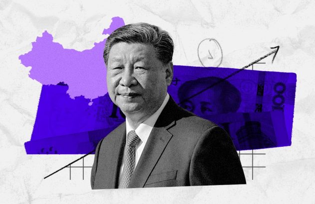 Xi Jinping com mapa da China, notas de yuan e seta de crescimento econômico.