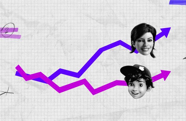 Gráfico de tendências com duas linhas de crescimento, representando uma mulher e um menino.
