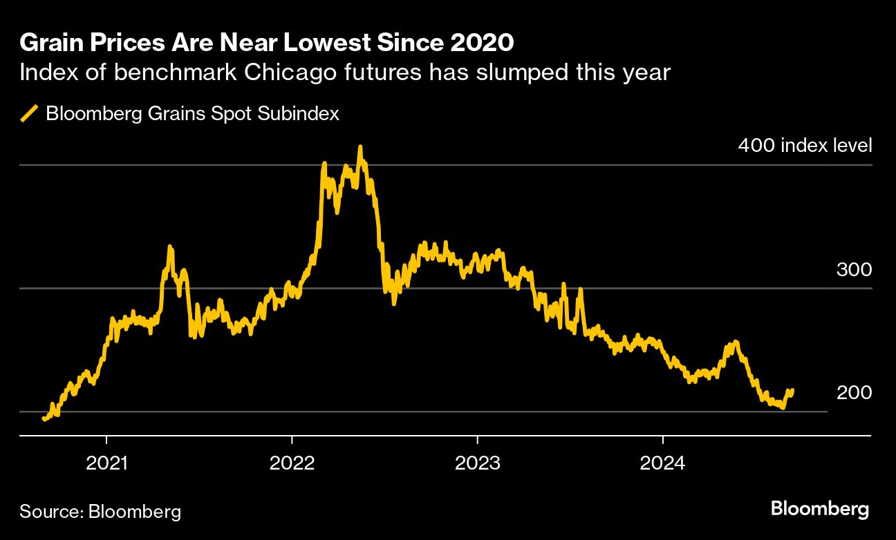 Gráfico: Índice Bloomberg de grãos despenca de 2022 a 2024, atingindo mínima desde 2020.