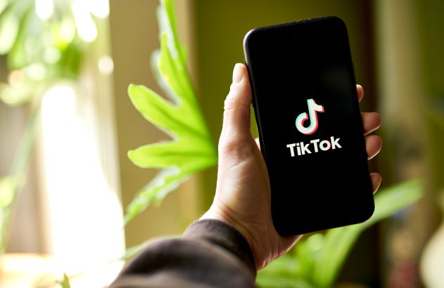 Mão segurando smartphone exibindo o logo do TikTok. Fundo desfocado de plantas e luz.