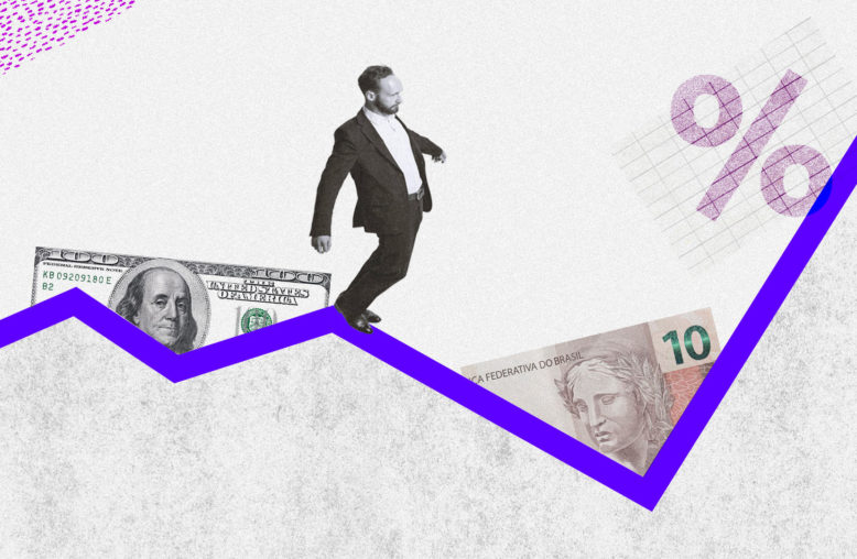 Homem se equilibrando em um gráfico com elementos que remetem a economia.