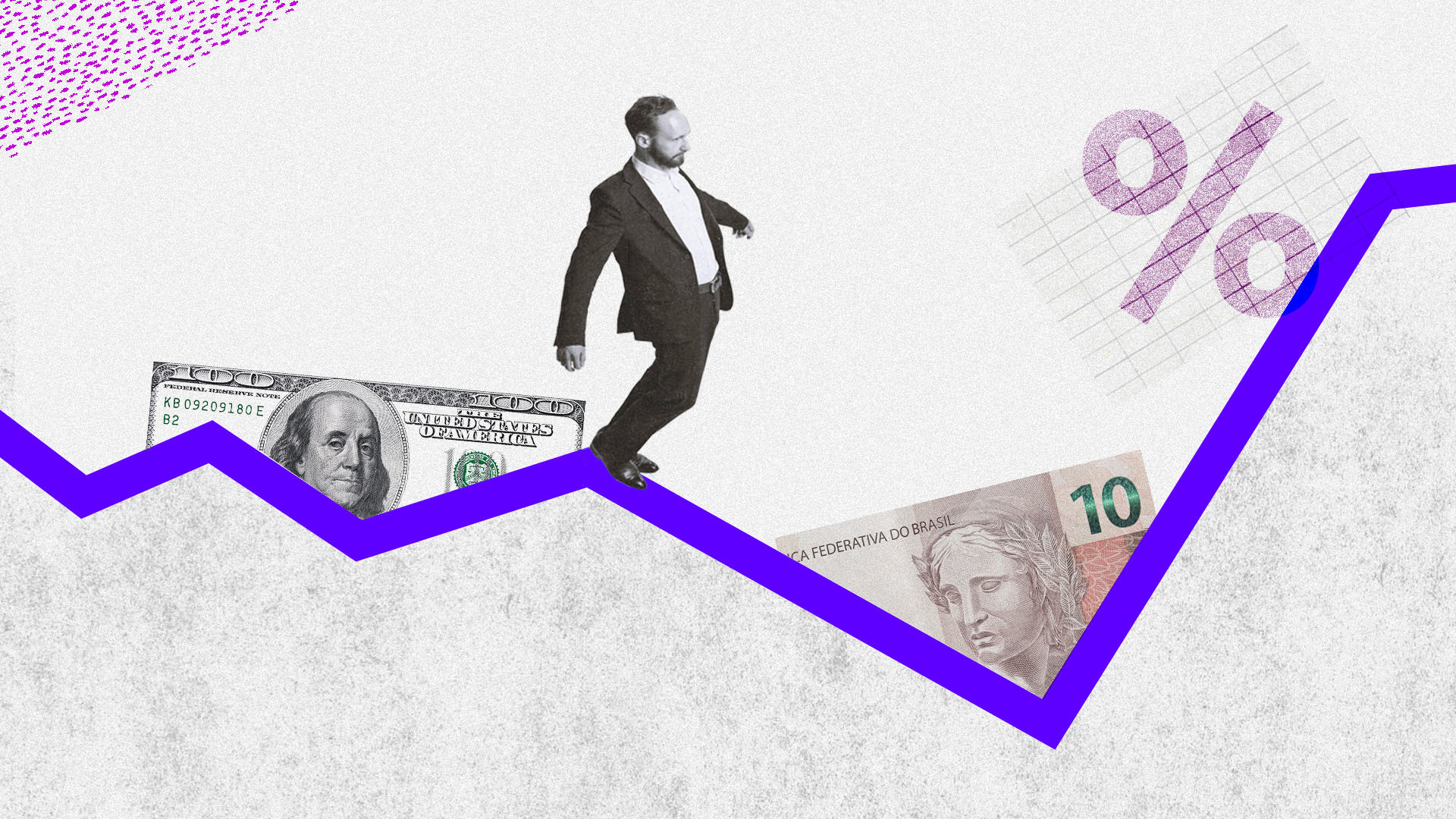 Homem se equilibrando em um gráfico com elementos que remetem a economia.