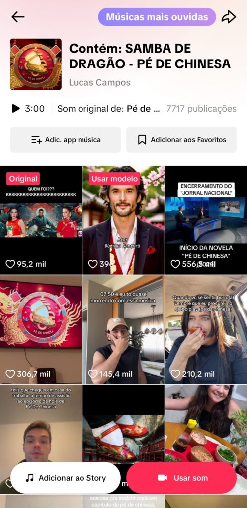 Interface de aplicativo de vídeo com a música "SAMBA DE DRAGÃO - PÉ DE CHINESA" e vídeos relacionados.