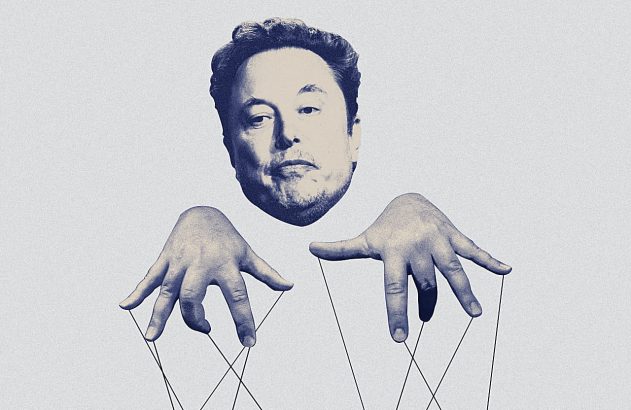 Cabeça de Elon Musk com mãos de marionete puxando fios, sobre fundo claro.