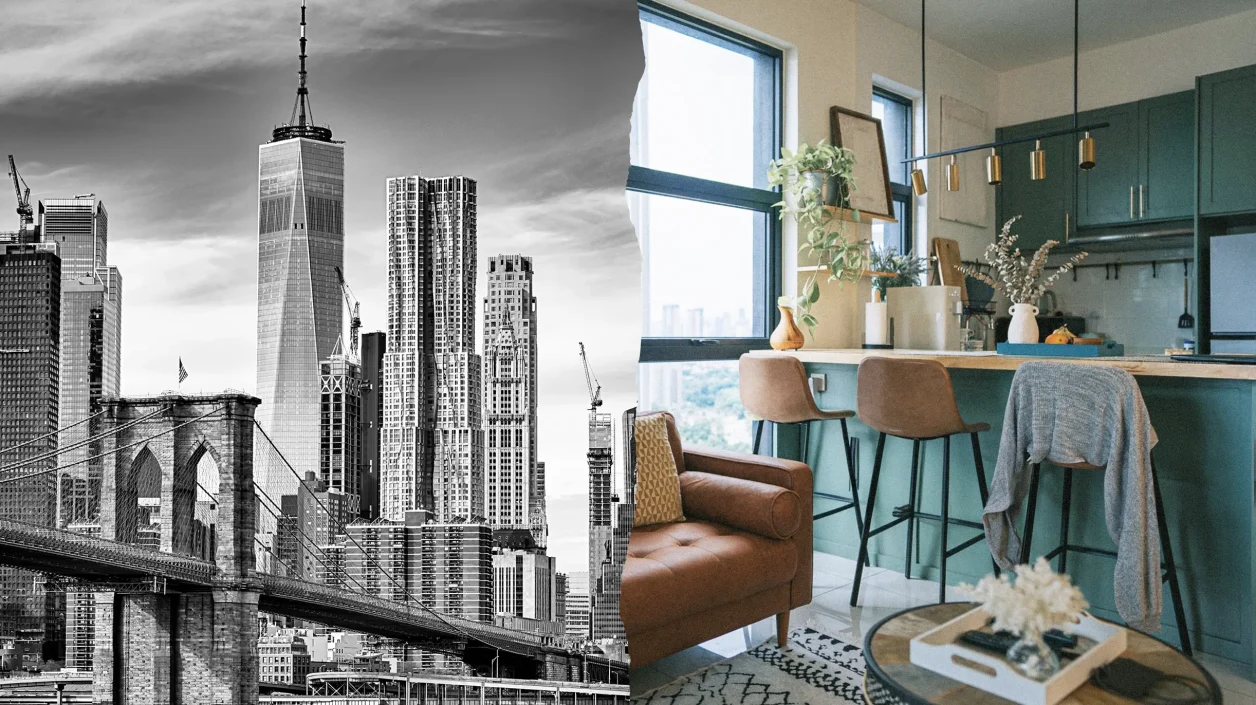 Montagem com duas imagens: à esquerda, uma foto em preto e branco da ponte do Brooklyn, em Nova York (EUA), com prédios ao fundo; à direita, foto do interior de um apartamento com sofá e cozinha americana.