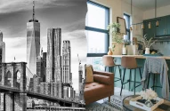 Montagem com duas imagens: à esquerda, uma foto em preto e branco da ponte do Brooklyn, em Nova York (EUA), com prédios ao fundo; à direita, foto do interior de um apartamento com sofá e cozinha americana.