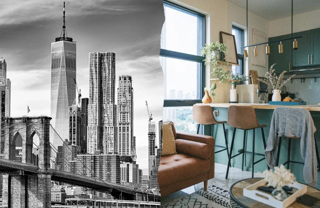 Montagem com duas imagens: à esquerda, uma foto em preto e branco da ponte do Brooklyn, em Nova York (EUA), com prédios ao fundo; à direita, foto do interior de um apartamento com sofá e cozinha americana.