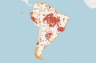 Mapa do Inpe mostra focos de incêndio nos países da América do Sul.