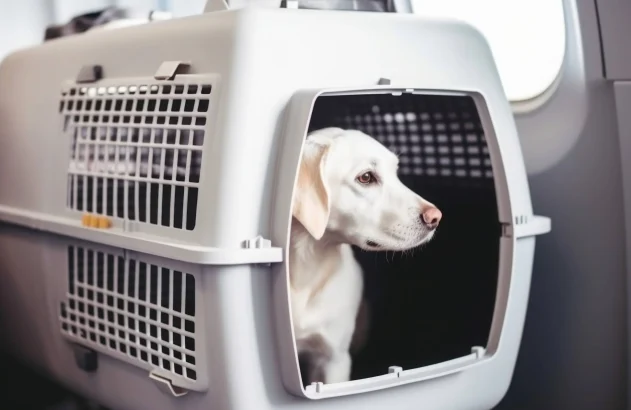 Cachorro em uma casinha de viagem