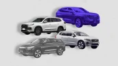 Quatro SUVs de diferentes cores e designs são exibidos em um fundo claro com textura manchada.