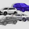 Quatro SUVs de diferentes cores e designs são exibidos em um fundo claro com textura manchada.