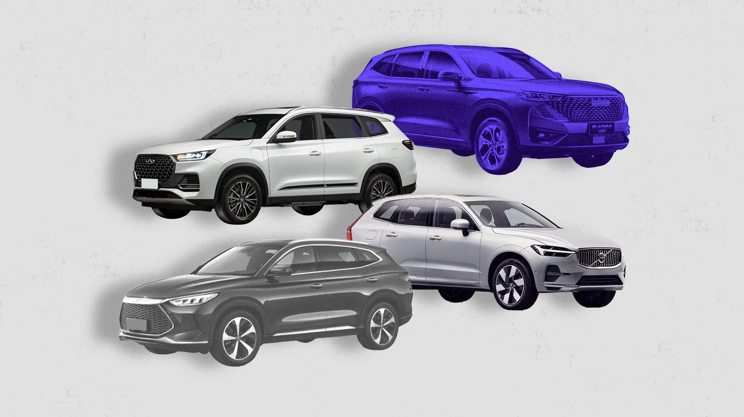 Quatro SUVs de diferentes cores e designs são exibidos em um fundo claro com textura manchada.