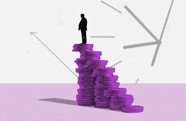 Ilustração mostra homem de preto subindo uma escadaria lilás