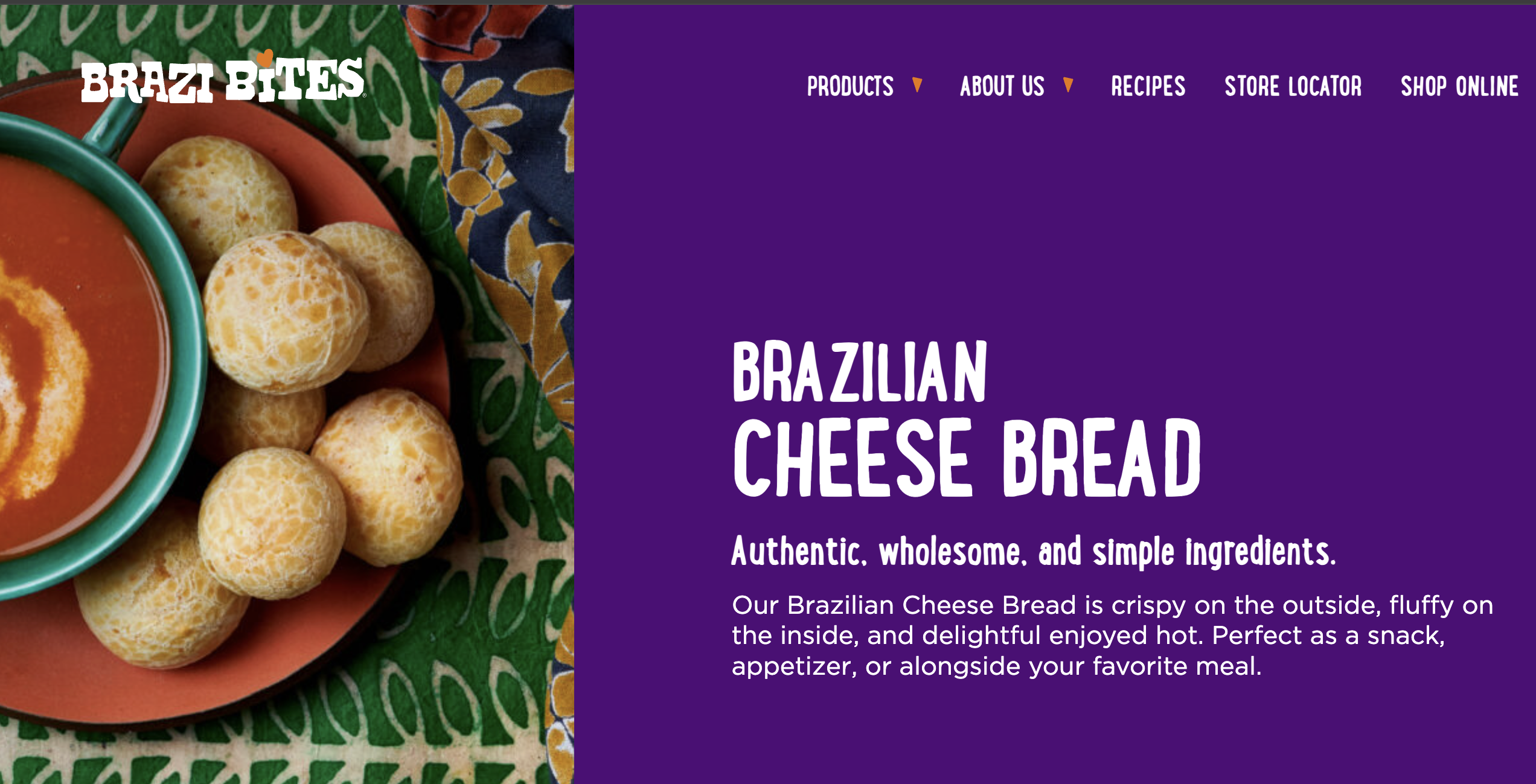Página Brazi Bites: Pães de queijo e sopa em destaque com texto sobre "Brazilian Cheese Bread" em fundo roxo.