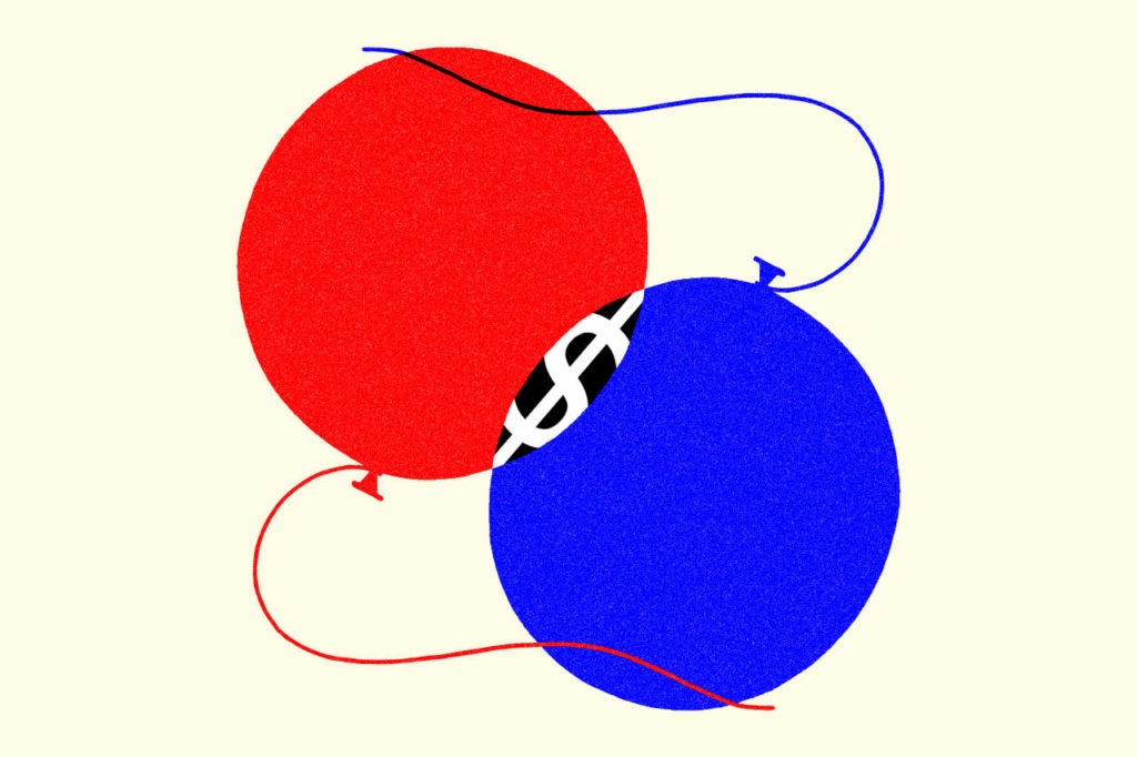 Dois círculos, vermelho e azul, sobrepostos. Cifrão branco na intersecção preta. Flechas indicam interação.