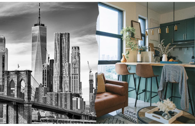 ilustração mostra skyline de Nova York e de um apartamento no estilo americano