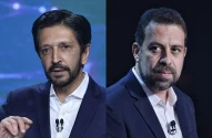 Montagem com duas fotos. À esquerda, o prefeito de São Paulo, Ricardo Nunes, um homem de pele clara, cabelos curtos, escuros e barba; à direita, Guilherme Boulos, candidato à prefeitura de São Paulo, um homem de a pele clara, barba e cabelo castanho escuro.