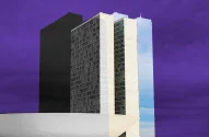 Montagem com um re recorte do Congresso Nacional brasileiro, um prédio modernista com duas torres envidraçadas lado a lado e uma cúpula invertida, em contraste com um céu dividido entre roxo escuro e azul claro com nuvens.