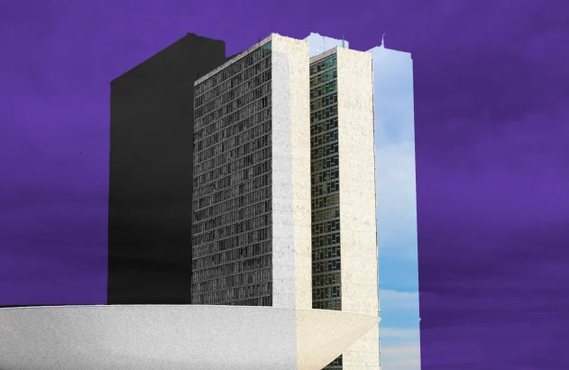 Montagem com um re recorte do Congresso Nacional brasileiro, um prédio modernista com duas torres envidraçadas lado a lado e uma cúpula invertida, em contraste com um céu dividido entre roxo escuro e azul claro com nuvens.