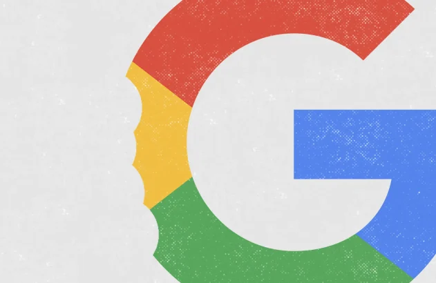 A imagem apresenta o logo estilizado da Google (com um desenho sugerindo uma "mordida"do lado esquerdo), com a letra "G" dividida em segmentos vermelhos, verdes, azuis e amarelos, sobre um fundo cinza claro com pequenas manchas brancas.