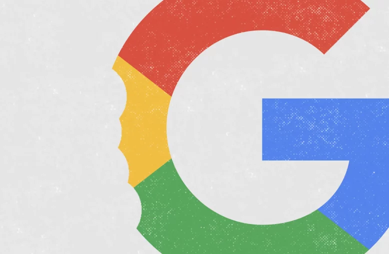 A imagem apresenta o logo estilizado da Google (com um desenho sugerindo uma "mordida"do lado esquerdo), com a letra "G" dividida em segmentos vermelhos, verdes, azuis e amarelos, sobre um fundo cinza claro com pequenas manchas brancas.