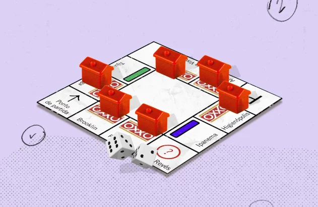 Tabuleiro tipo Monopoly com propriedades OXXO e casas laranjas. Dados brancos rolando sobre o jogo em fundo lilás.
