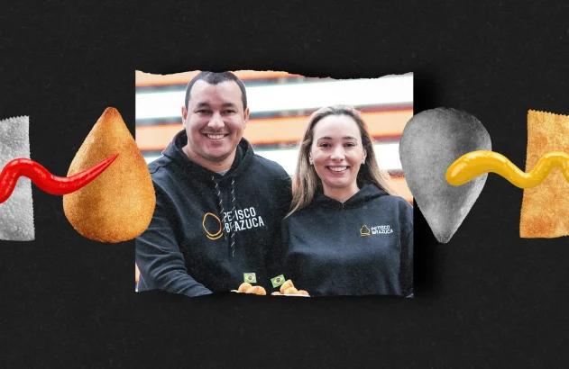 Duas pessoas vestindo blusas de moletom pretas com o logotipo "Petisco Brazuca" segurando bandejas de salgados brasileiros, com representações gráficas de alimentos típicos ao redor.