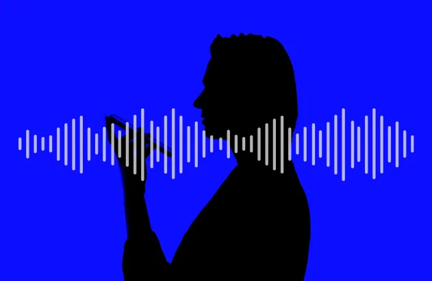 Imagem mostra a silhueta preta de uma pessoa de perfil, segurando um celular próximo à boca, com ondas sonoras, simulando uma conversa com IA