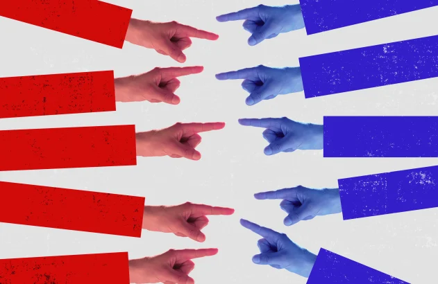 Série de mãos com os dedos indicadores apontando umas para as outras. Do lado esquerdo, elas estão representadas pela cor vermelha; do lado direito, na cor azul.