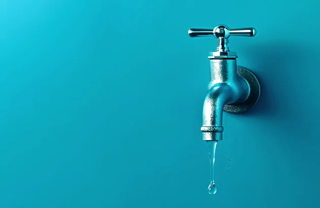 Imagem de uma torneira de metal pingando contra um fundo azul turquesa, com gotas de água prestes a cair.