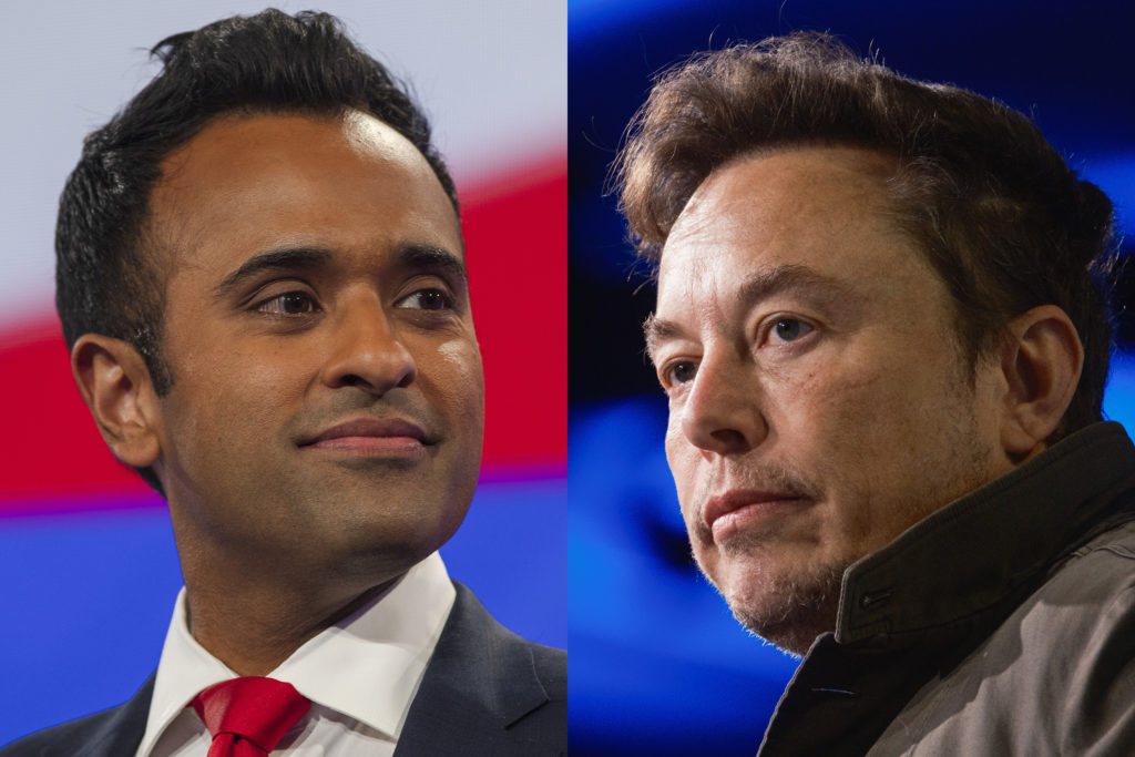 Close-up de Vivek Ramaswamy (esq.) em camisa e gravata, e Elon Musk (dir.) com barba e jaqueta, lado a lado.