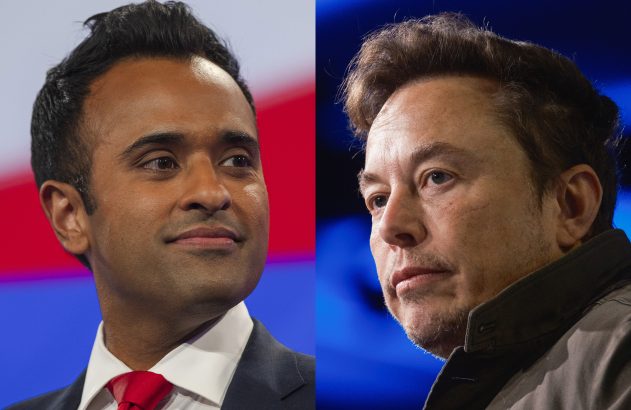Close-up de Vivek Ramaswamy (esq.) em camisa e gravata, e Elon Musk (dir.) com barba e jaqueta, lado a lado.