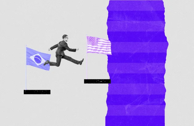 Um homem de terno e óculos salta entre uma bandeira brasileira e uma bandeira americana, simbolizando uma transição entre elas, com fundo cinza claro texturizado.