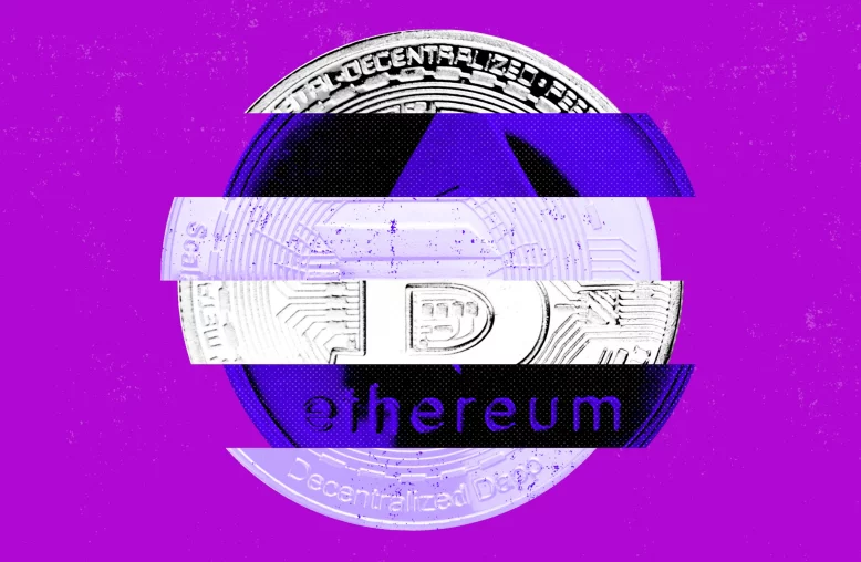 Imagem digital de uma moeda estilizada com elementos de Bitcoin e Ethereum, sobre um fundo roxo vibrante, com detalhes de tecnologia blockchain e efeito glitch.