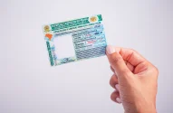 Uma mão com unhas pintadas de branco segura uma Carteira Nacional de Habilitação (CNH) do Brasil, destacando suas cores verde e azul, contra um fundo branco.
