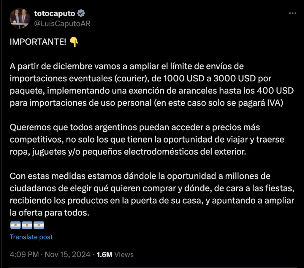 Captura de tela de um tuíte de Luis Caputo anunciando ampliação do limite de importação para USD 3000.